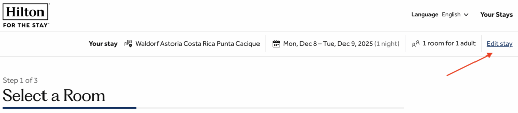 Hilton search page with an arrow pointing to the Edit Search option